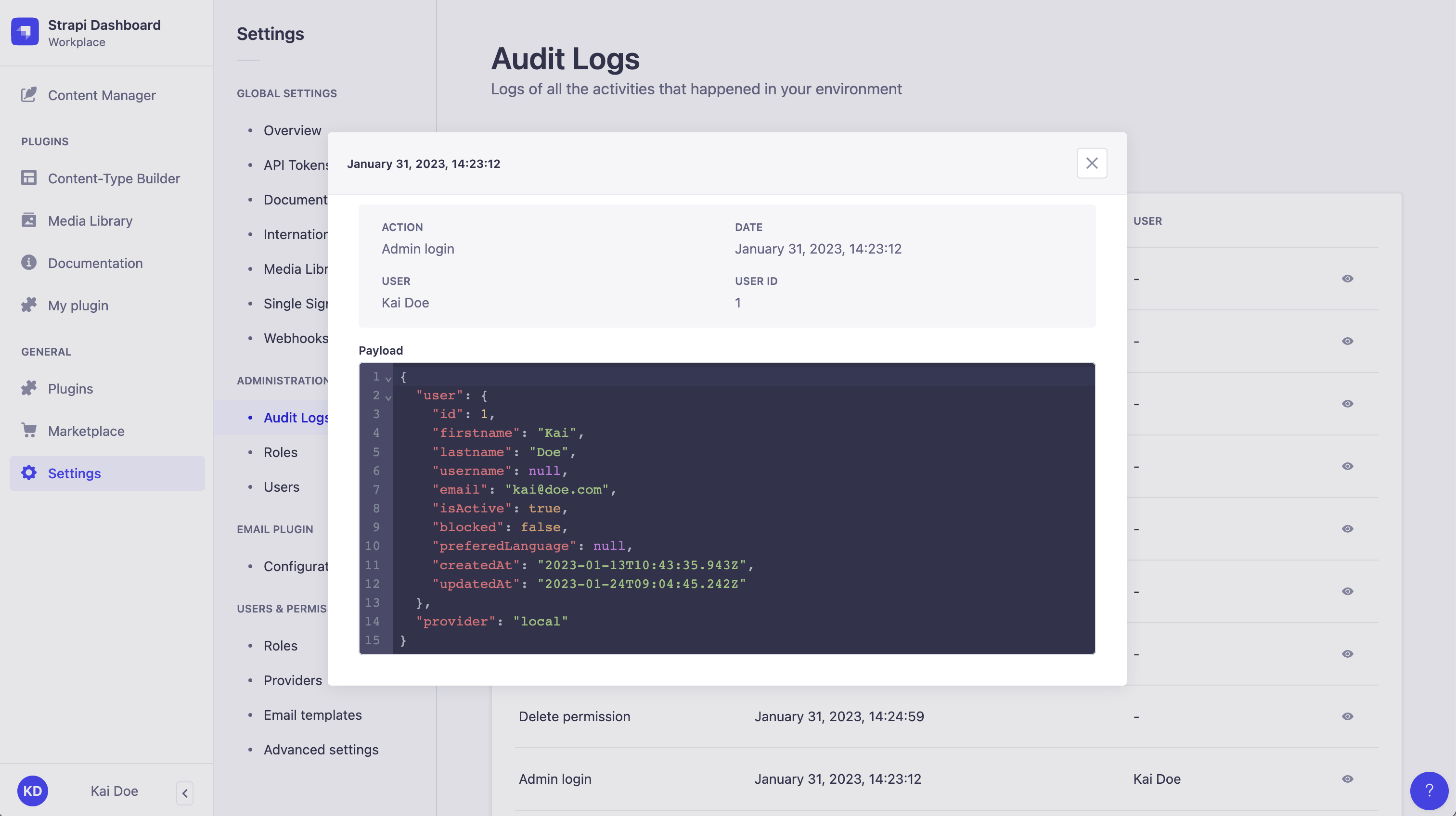 Log details modal